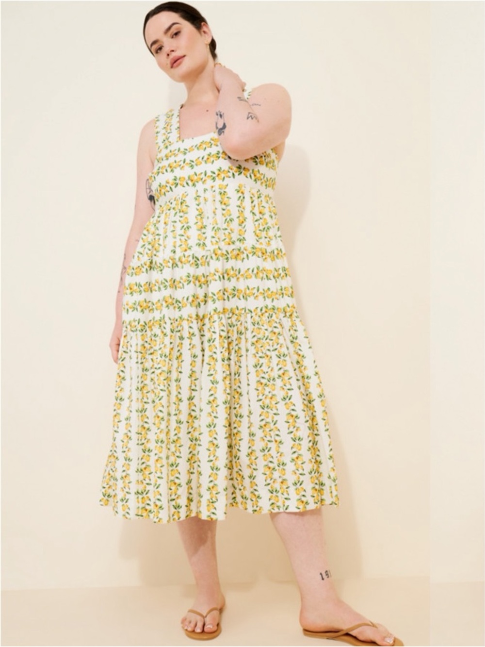 Anthropologie Dress Womens 1X Plus Yellow Lemon Babydoll Preppy Smocked Midi